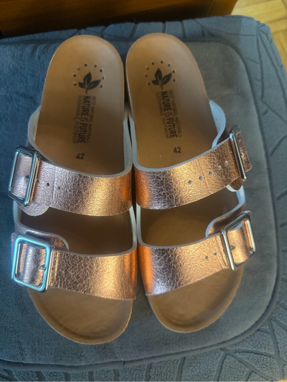 Mephisto Nature is Future Metallic Rose Gold Double-Buckle Slide Sandals